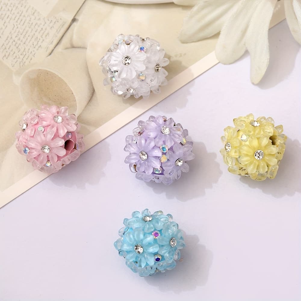 TEMU 5pcs Tk Flower Cluster Ball Flower Inlaid Diamond Soft Pottery Large Hole Straight Hole Beads Mobile Chain Necklace Additions