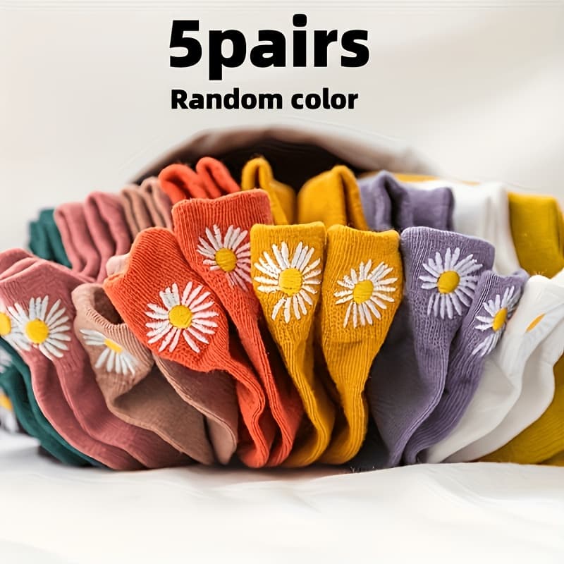 TEMU 5pairs- Women's Japanese-style Spring/summer Embroidered Daisy Ankle Random Color Socks | Elegant, Soft And Comfortable For Casual Wear