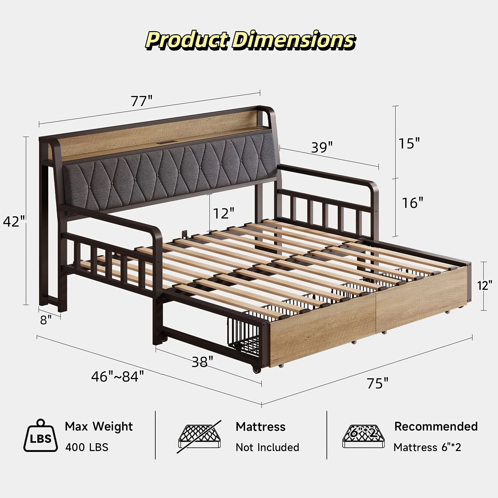 TEMU Pazcasa Twin Daybed With Pop-up Trundle & Storage Drawers, Converts To King Size, Headboard With Built-in Power Outlet, Metal Frame - For Living Room, , Dorm, Black