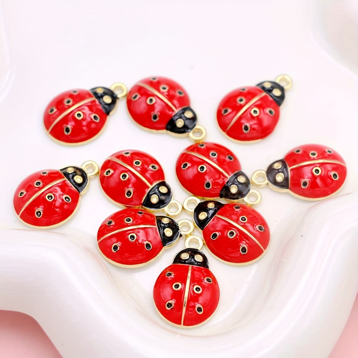 TEMU Set Of 10 Ladybug Charms In Golden Color With Drop End, Perfect For Jewelry Like Necklaces, Earrings, And Bracelets