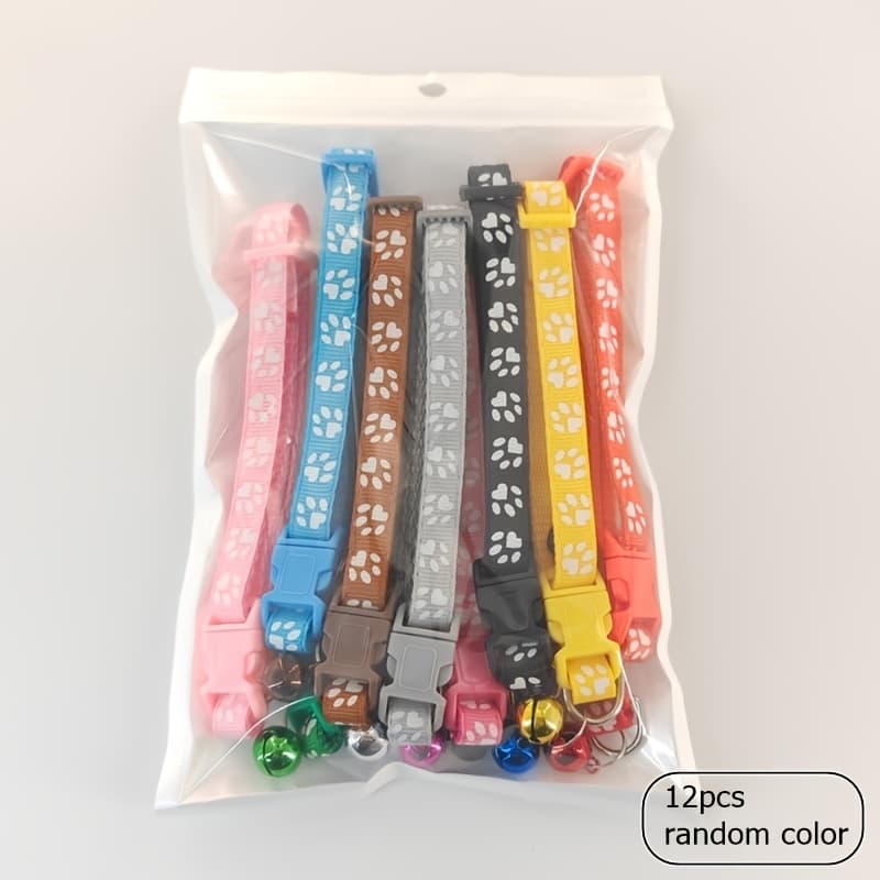 TEMU 6pcs/12pcs Pet Collars In Multiple Colors With Printed Footprints (random Color), Featuring Bell Collars And Cat Decorations, Suitable For Cats, Without Battery