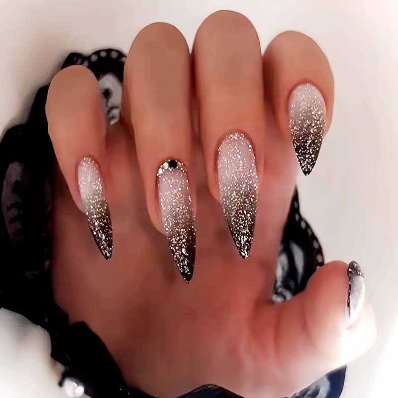 TEMU 24pcs Extra Long Teardrop Gradient Glitter Onion Powder Tie With Diamond Wearable Nail Art False Nails Suitable For To Wear