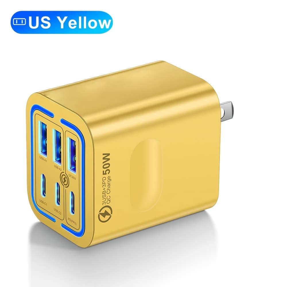 TEMU Total 50w 6 Ports Mobile Phone Fast Charging Adapter For Iphone For , 3pd + 3usb Charger Adapter, Us Plug Travel Charger Wall Charger