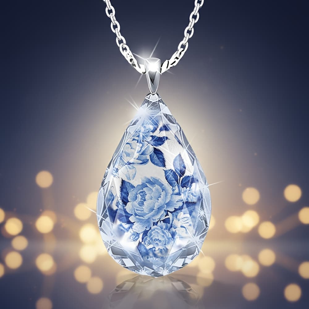 TEMU Women's Teardrop-shaped Glass Pendant Necklace With Blue And White Porcelain Rose Pattern, Elegant And Luxurious Jewelry, Suitable For Casual Attire And Special Occasions.