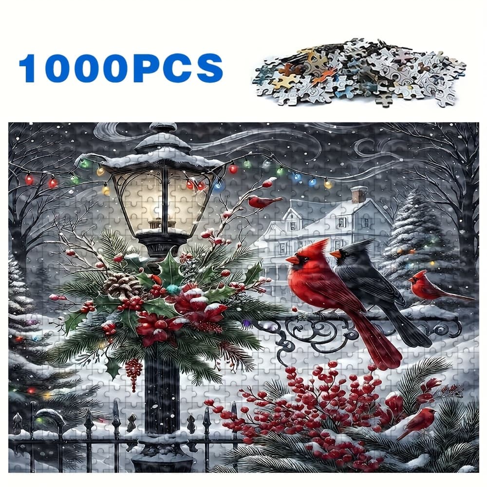 TEMU 500/1000pcs Adult Puzzle - Winter Christmas Birds & Snowy Landscape With Puzzle Pieces, Large Challenge For Adults & Families, Stress- Activity, Birthday/holiday Gift (red/green) - Portable