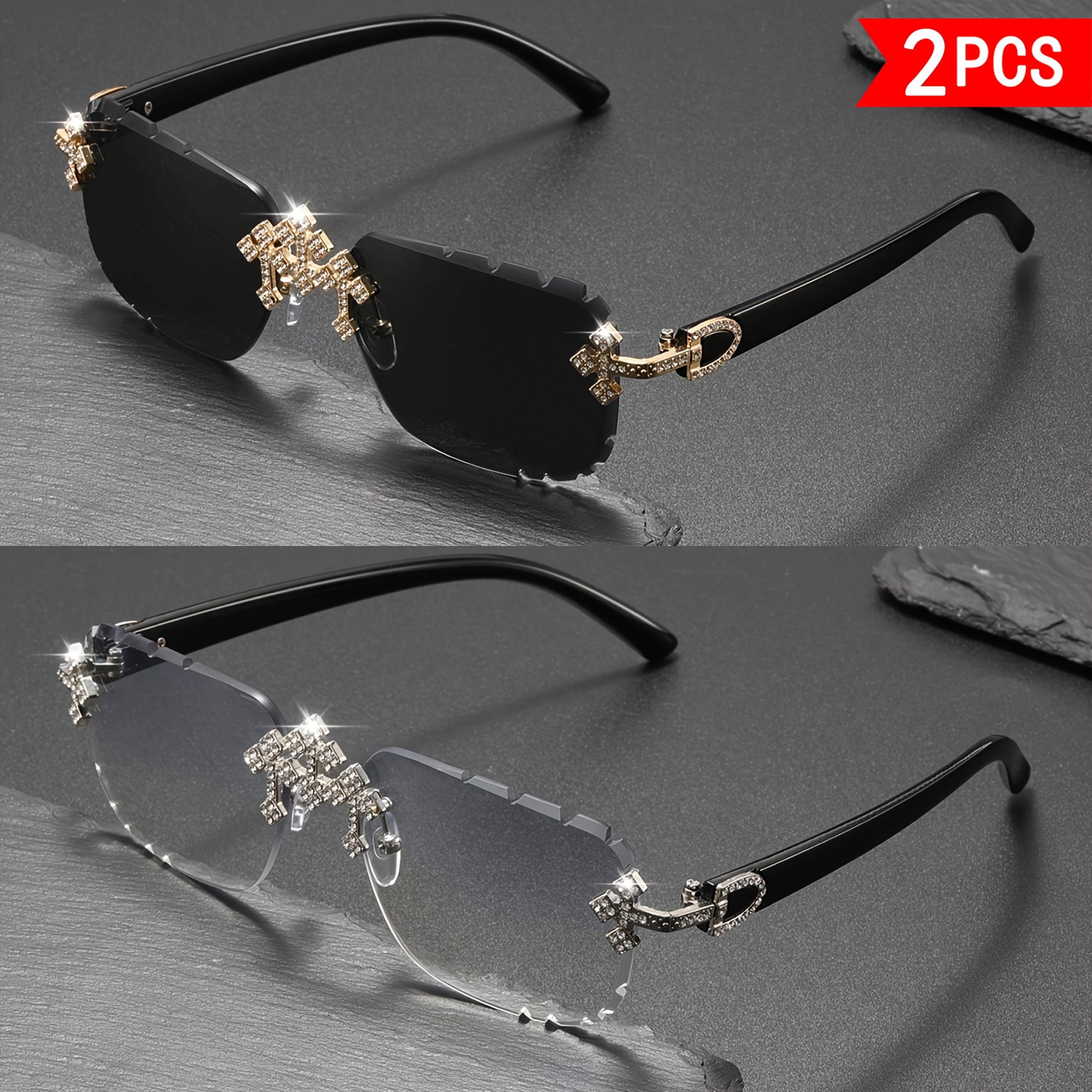 TEMU 2pcs Frameless Y2k Fashion Glasses With Polarized & Stone Decoration - Polarized For Glare, Metal Hinges, Unisex For , Daily Wear, Parties, Gifts - (no Frame)