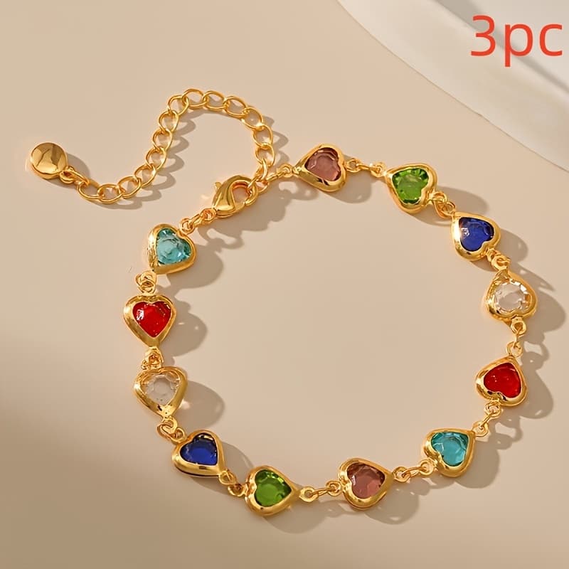 TEMU 3 Sets Of Upgraded Colored Heart-shaped Gemstone Bracelets - Women's Jewelry, Metal Chain Bracelets And Bangles - For Daily Women