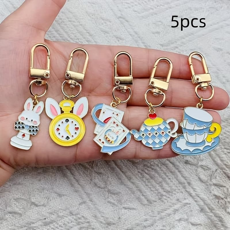 TEMU 5pcs Kawaii Rabbit & Teacup Keychains - Alloy Cute Bunny With Tea Cup, Bag For,, - Tea Themed Gift (5pcs)