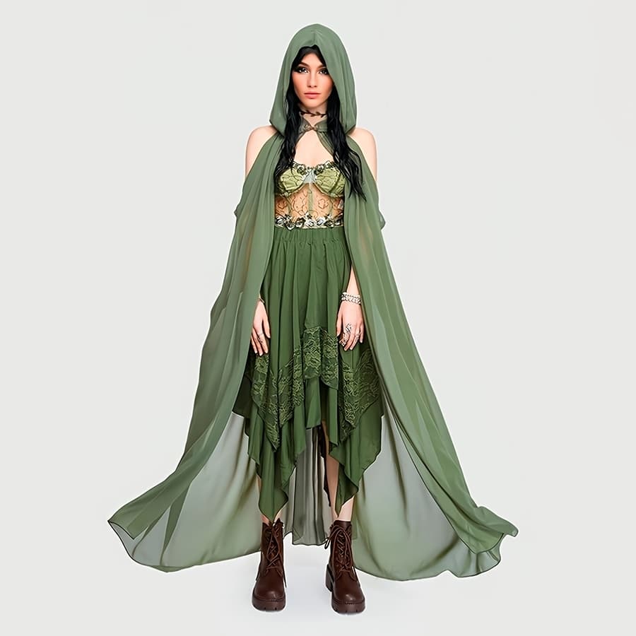 TEMU Green And Black Festive Party Costume With A Hooded Cape