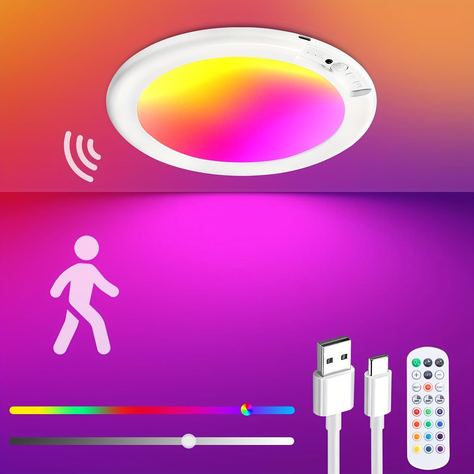 TEMU Rechargeable Ceiling Light With Remote - Shower Light For Inside Shower With Color Changing & White Light, Magnetic Motion Sensor Ceiling Light Battery Powered For Shower Bathroom Closet Porch