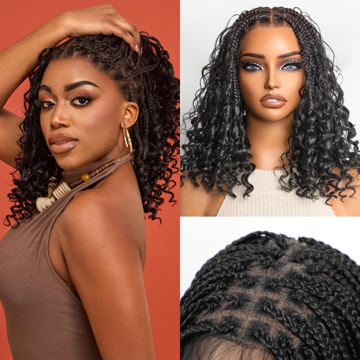 TEMU Hand-braided Wig Lace Boho Curly Water Wave Synthetic Box Braided Wigs For Women Salon-level Density Bohemia Natural Scalp No Shedding No Smell Pre Hair Wigs