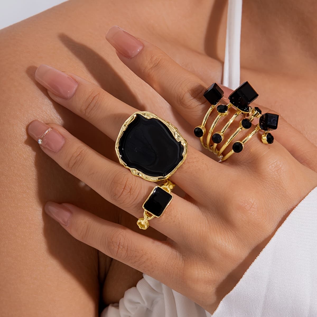 TEMU 3pcs Ring Set Fashionable Individual Black Inlaid Crystal Ring Suitable For Women's Ball Party Gathering Gift