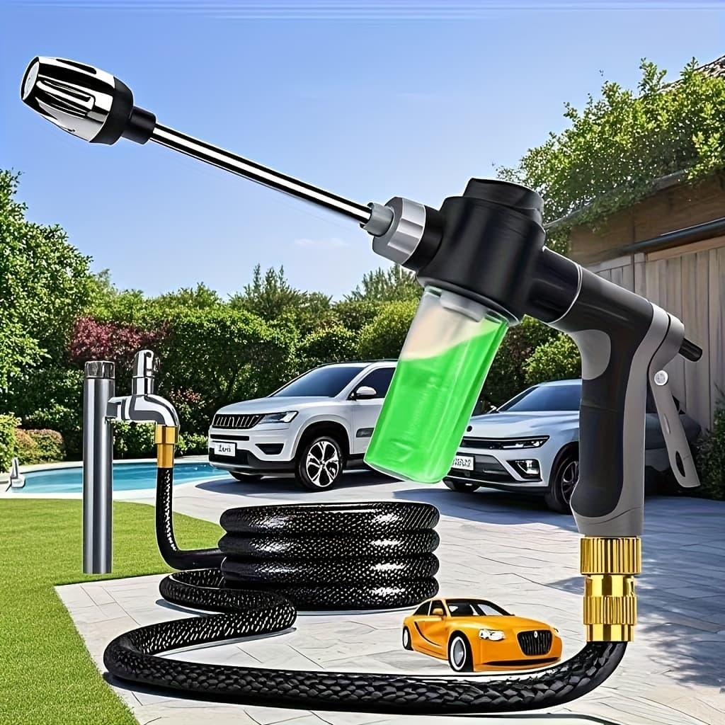 TEMU 1pc High Pressure Water Gun With Foam Bottle And Long Handle - Adjustable Nozzle, Suitable For Cleaning, Watering - Ideal For Car Washing, Yard, Garden, Lawn Irrigation, Etc