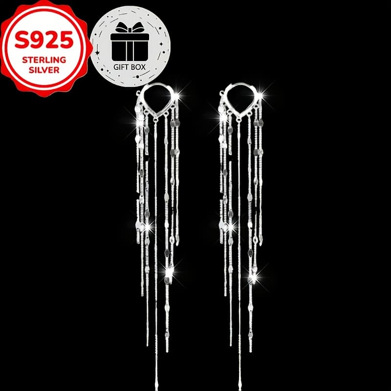 TEMU 2 Elegant 925 Sterling Silvery Tassel Earrings, Long Hanging Fashionable Jewelry, Come With A Gift Box, Wedding/ Banquet, Christmas Party Accessories, Suitable For All