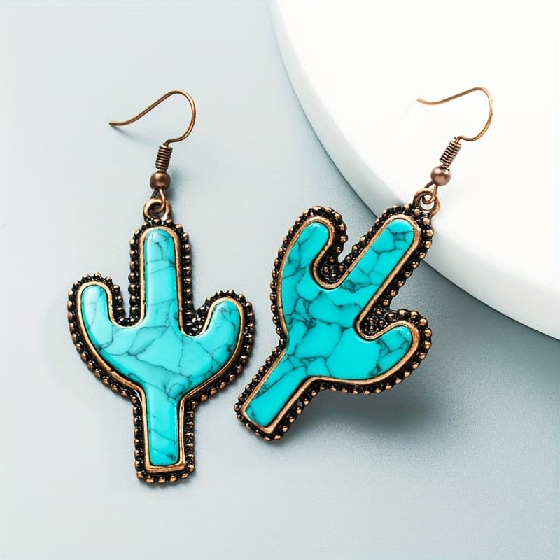 TEMU A Pair Of New Retro Western Style Cactus Earrings Alloy Copper Plated Turquoise Inlaid Jewelry