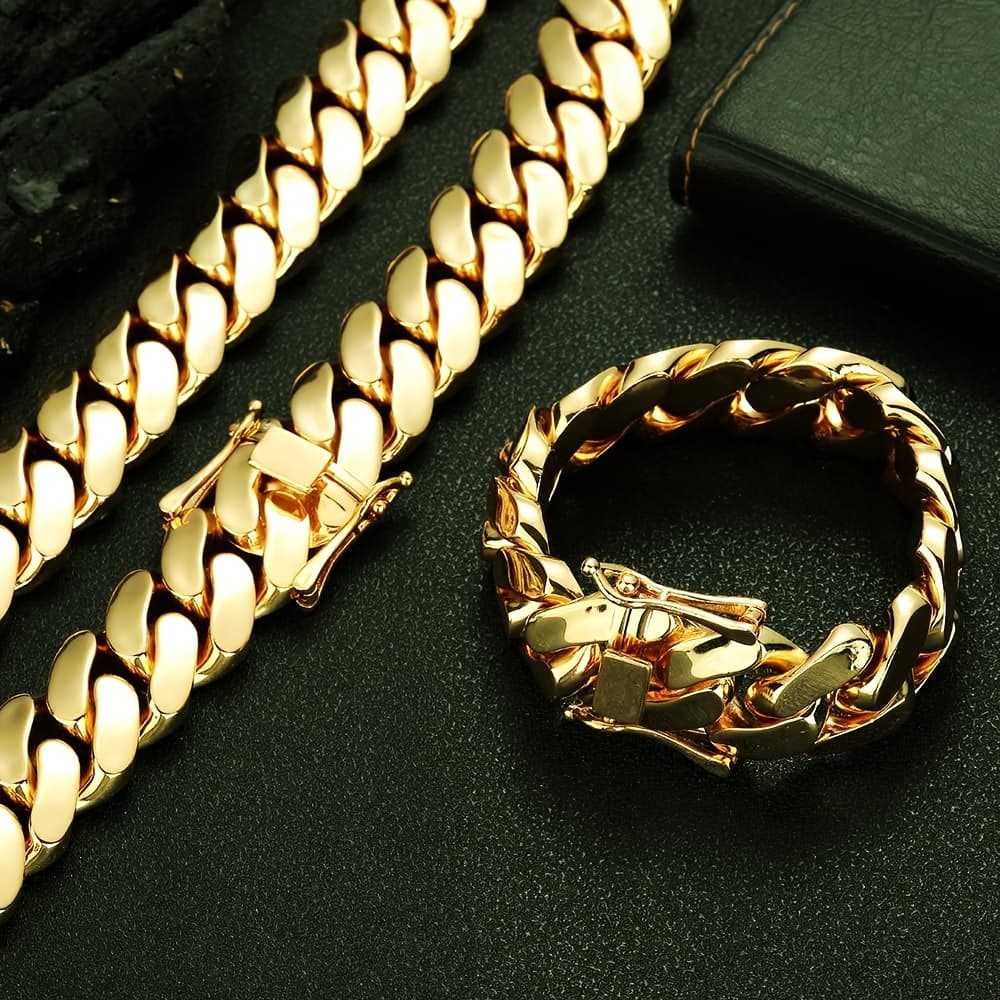 TEMU 2pcs Thick 18k Gold Plated Plated Hip Hop Jewelry Set Stainless Steel 14mm Men Cuban Link Chain Pattern Necklace Bracelet