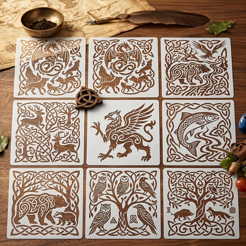TEMU 9pcs Viking Totem Stencil Set For Wall Decor - Reusable Bear, Wolf, Dragon, And Eagle Templates With Design, Suitable For Canvas, Walls, Or Decorative Purposes