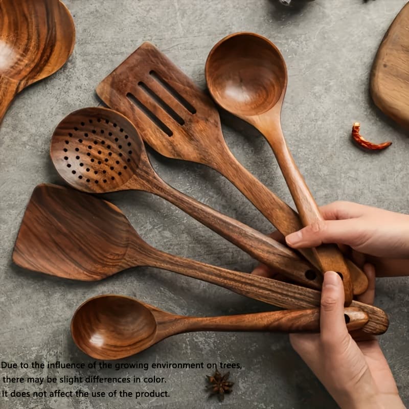 TEMU 5pcs Wooden Cooking Spoon Set Wok Set Natural Teak Wooden Utensil Kitchen Set Skimmer Spoon Wooden Turner Utensil Set Wooden Spatula Soup Spoon Teak Set