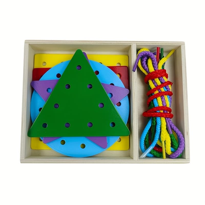 TEMU 5-pc Lacing Cards Wooden Lacing Shapes In A Box Wooden Threading Toys Fine Motor Skill Activity Toys Double-sided Shape Panels