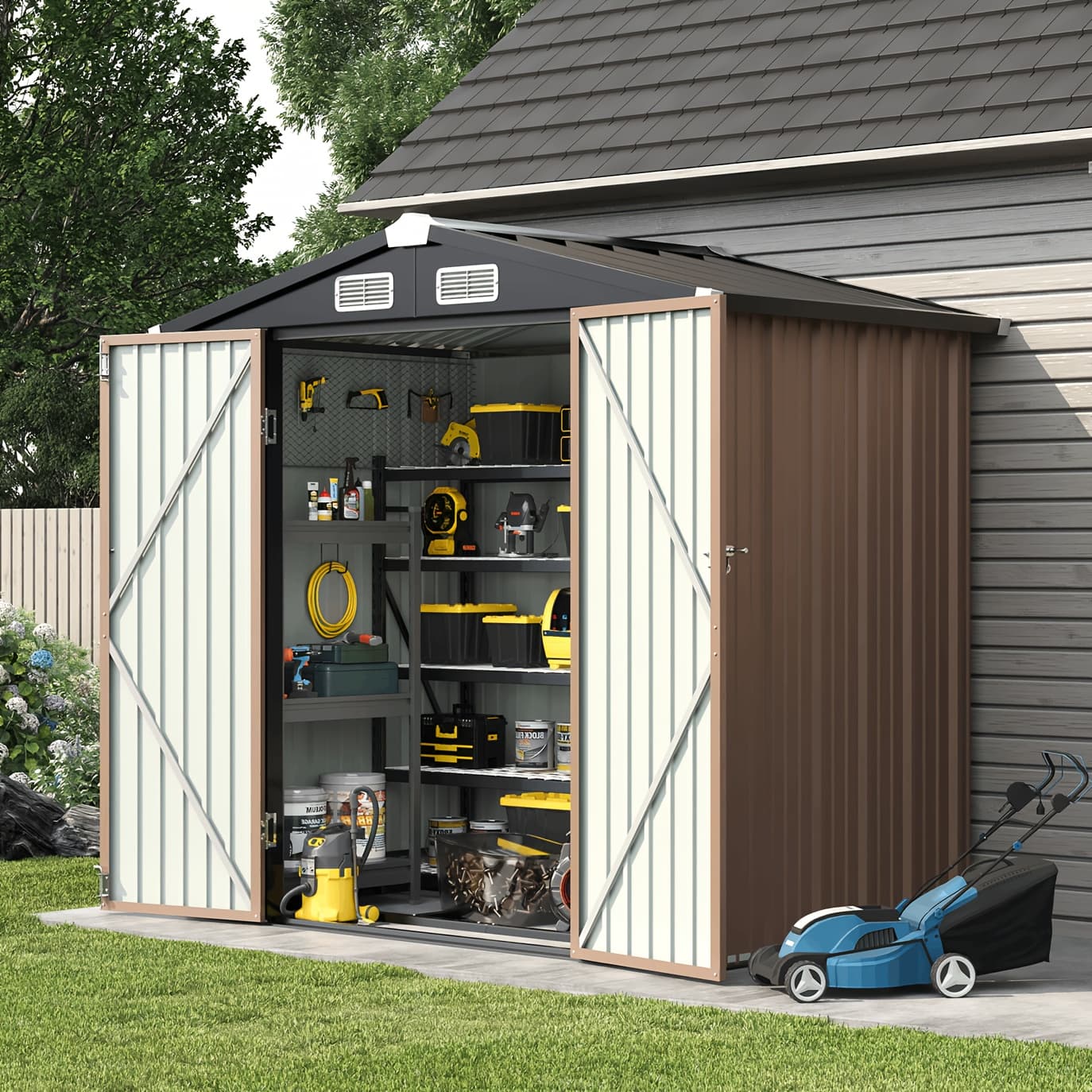 TEMU 6x4/5x3ft Metal Storage Shed Outdoor - Lockable Tool Shed With Roof & Heavy-duty Frame For Garden/backyard/poolside Storage