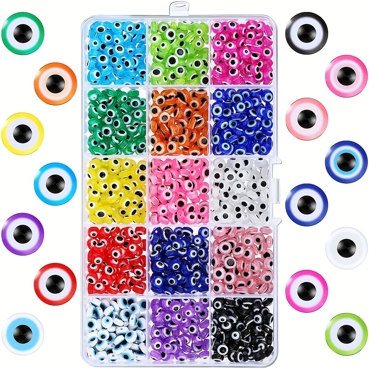 TEMU 450+pcs (15 Styles) Bohemian Evil Eye Beads & Charms - 6mm Beads Suitable For Making, Bracelets, Earrings, Necklace Crafts With Amulet With Box