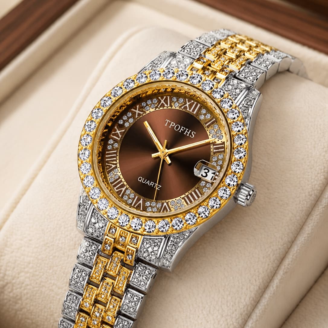 TEMU Men's Golden-tone Quartz Watch With Date Calendar - Roman Numeral Dial, Accentuated Bracelet Band, Elegant Brown Faux Leather Gift Box For Business Casual And Formal Occasions