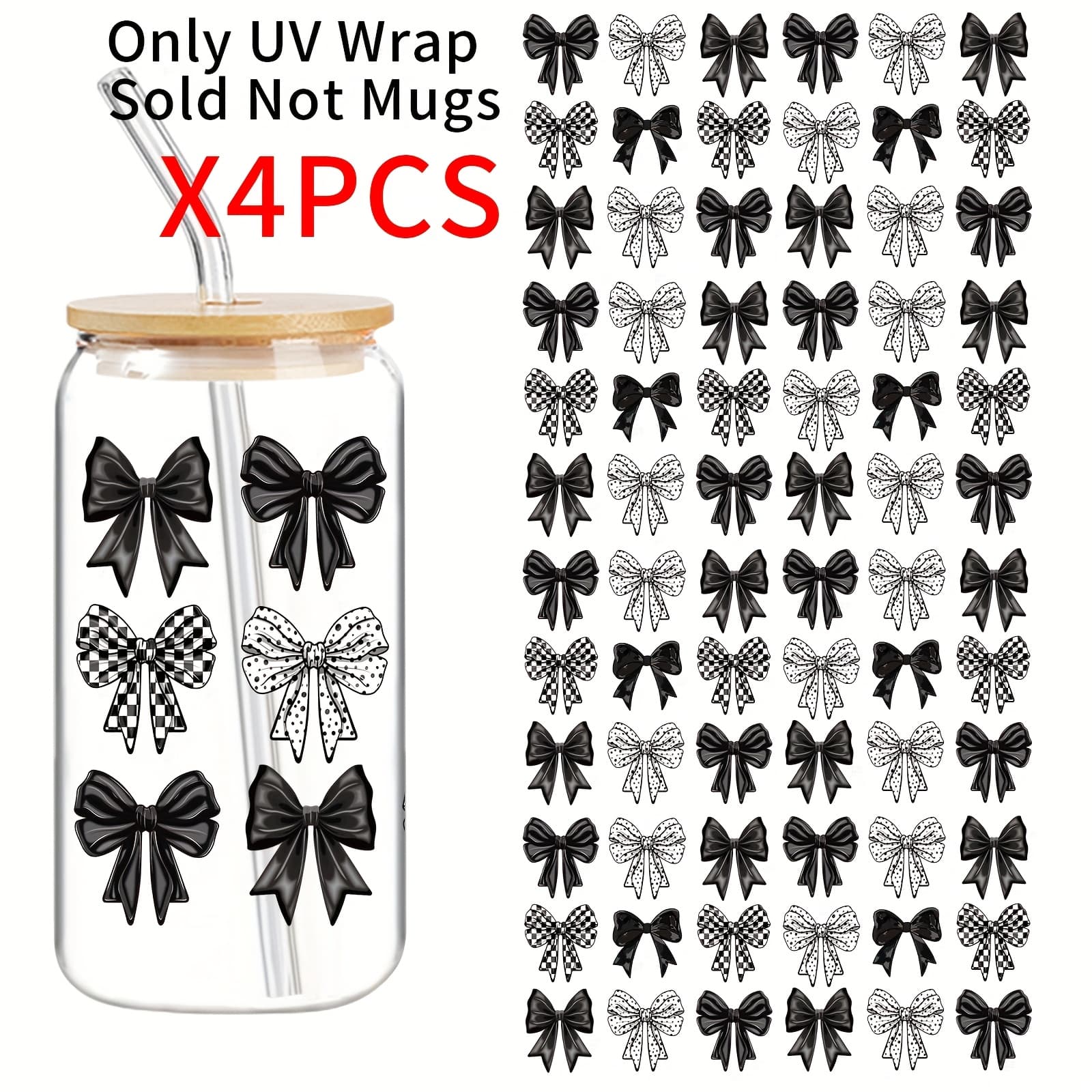 TEMU 4-pack Bow Pattern Uv Dtf Transfer Stickers, High Quality And Scratch-resistant Stickers, Beverage Stickers, Suitable For 16oz Glass Jars, Diy Craft And For Women, High Quality, Easy To Apply