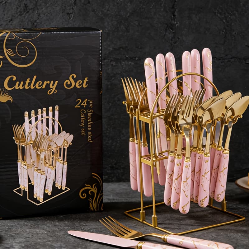 TEMU Thickened Marbled Hot Stainless Steel Tableware 24pcs Gift Box Storage Rack Western Steak Knives, Forks And Spoons