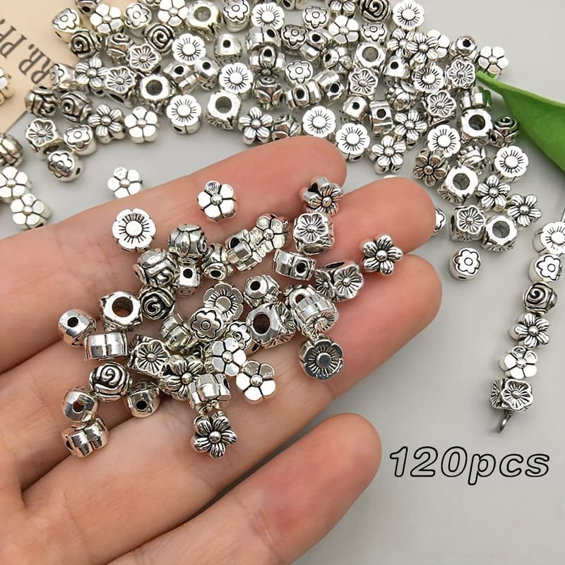 TEMU 120pcs Flower Series Multi-style Alloy Beaded Large Hole, Small Hole Beads Mixed Diy Bracelet Necklace Decorative Beads Loose Bead Jewelry Production Parts