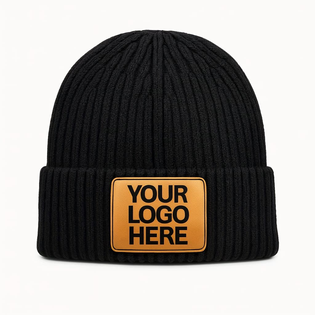 TEMU 1pc Custom Logo Beanie With Leather Patch – Extra Thick Warm Knit Hat, Personalized Winter For