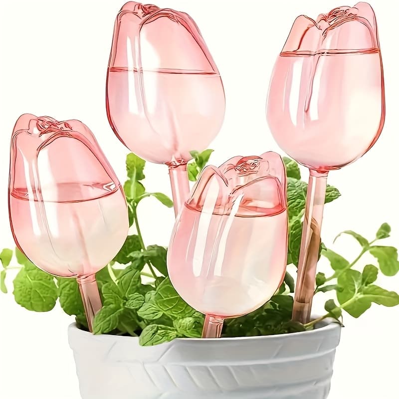 TEMU 4-pack Pink Tulip Self-watering With Clay Spikes - Clear Plastic Bulbs For Indoor/outdoor Plant Watering, 3-7 Day Watering Cycle, Perfect Gift For Garden And Home Care