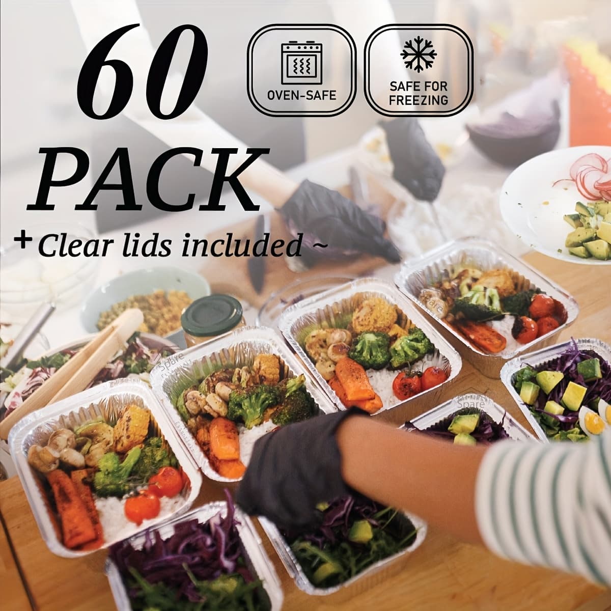 TEMU 60 Pack Aluminum Pans 1 Lb/450 Ml Capacity 5.9"×4.7"- Disposable Takeout Foil Pans Cooking Tins, Portable Food Containers With Clear Lids For, Baking, Meal Prep, Freezer, Containers