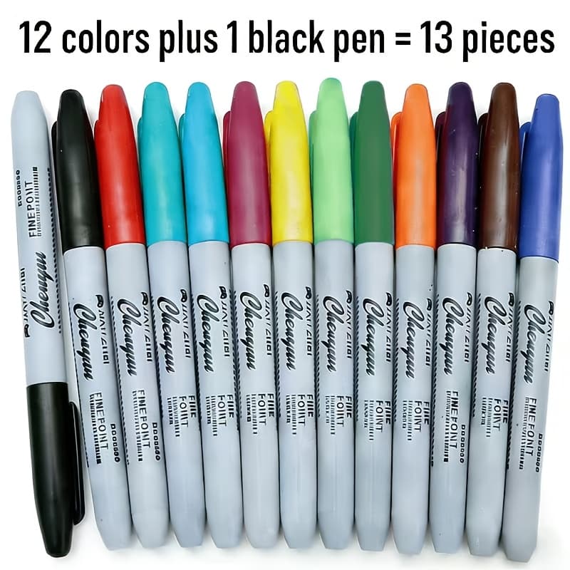 TEMU 13pcs (12 1 Black) Permanent Markers, Quick-drying And Stain-resistant Ink, Suitable For Use, Box Marking Pens