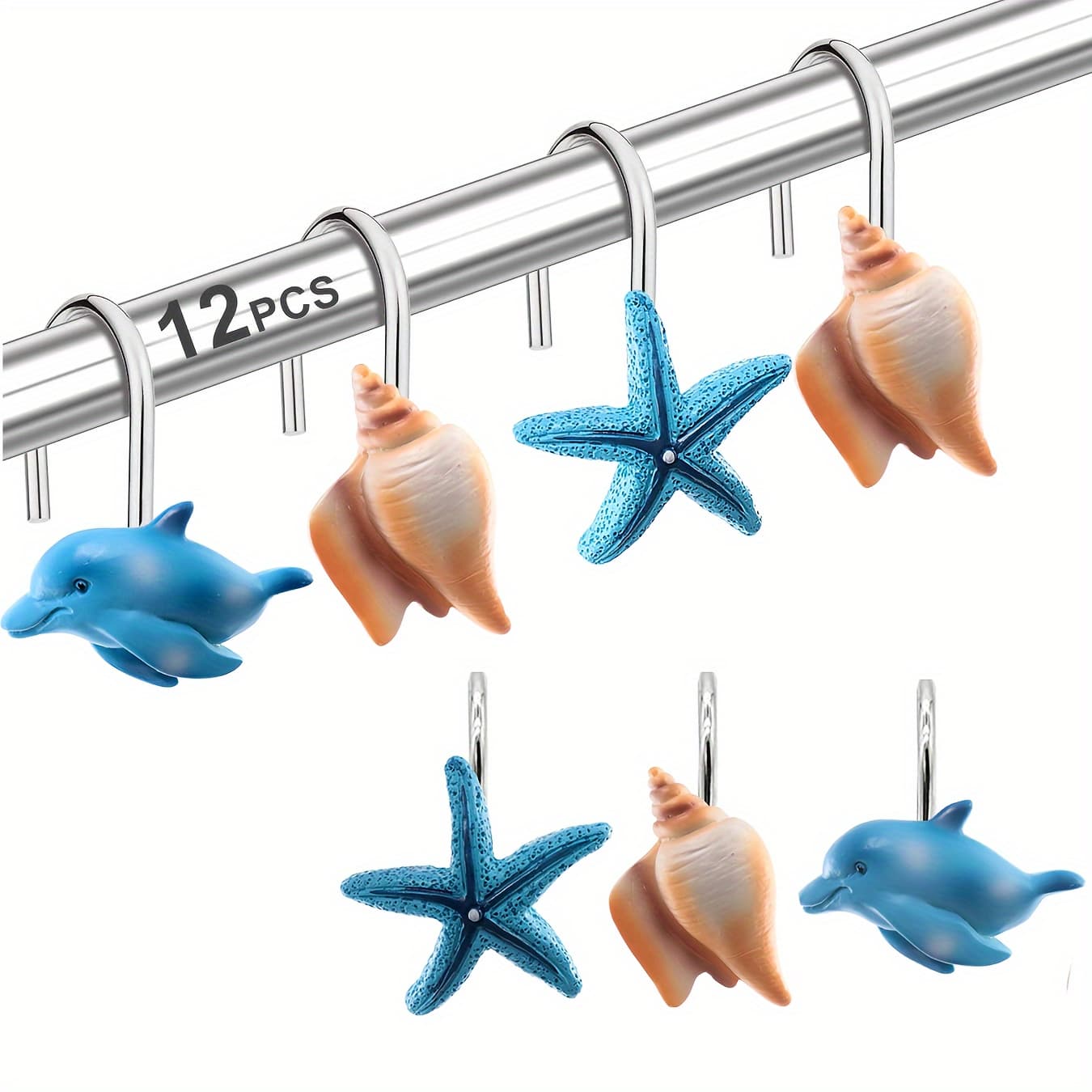 TEMU 12-pack Decorative Ocean Themed Bath Hanger Set, Stainless Steel Rings With Dolphin, Starfish & Shell Designs For Bathroom Decor