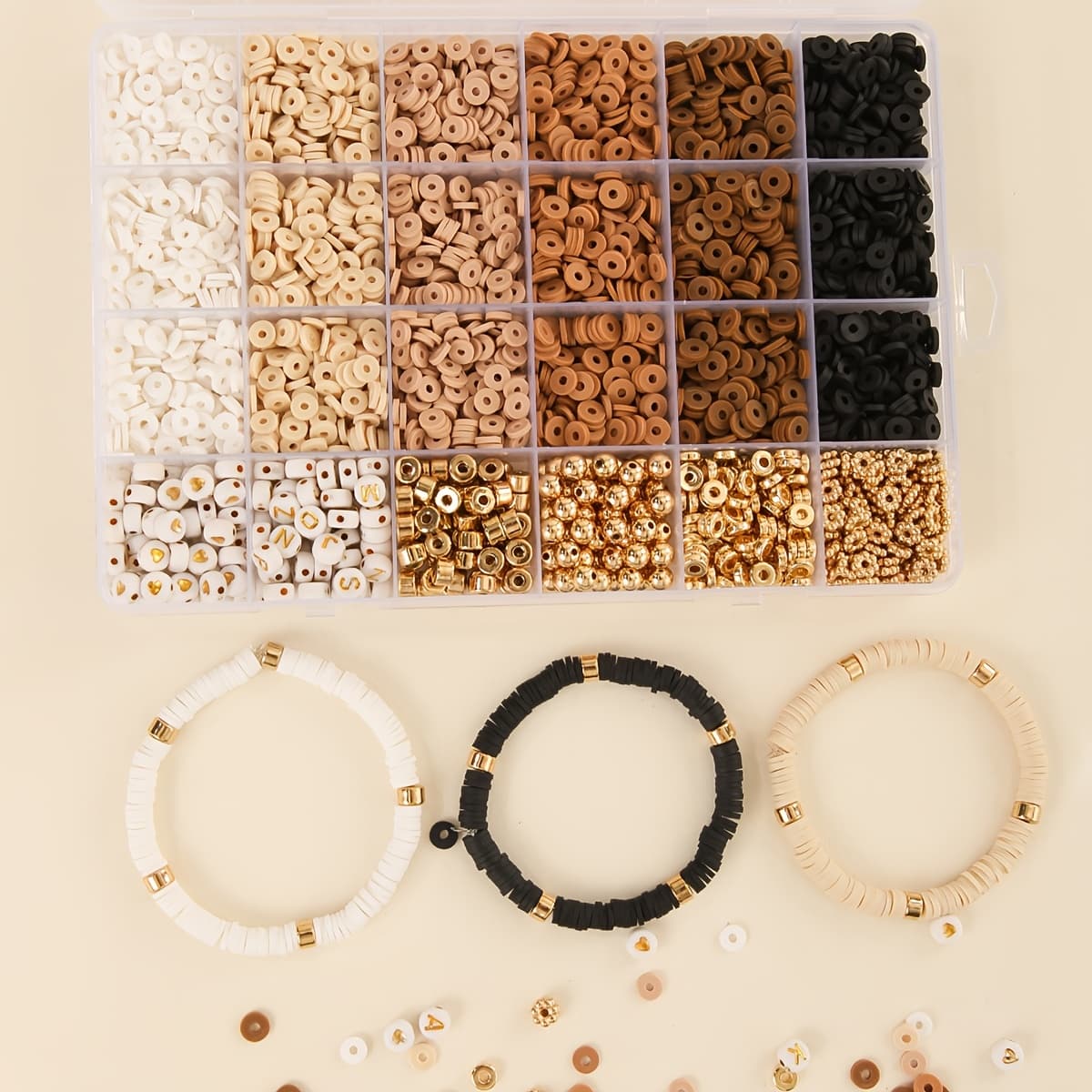 TEMU 2600pcs Boho Chic Polymer Clay Bead Kit, 24 Styles With Alphabet Spacers, For Diy Bracelet & Jewelry Making - Fashionable Craft Set, Bohemian Style, Jewelry Set