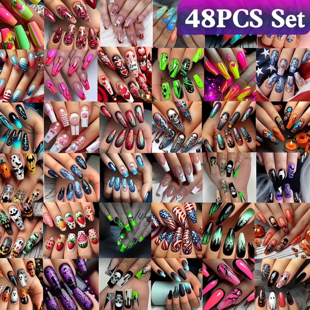 TEMU 48pcs Surprise Random Style Art Nails, , Glossy End, 36 Diverse Style Element Patterns, Removable Medium-length Reusable Press-on Fake Nails