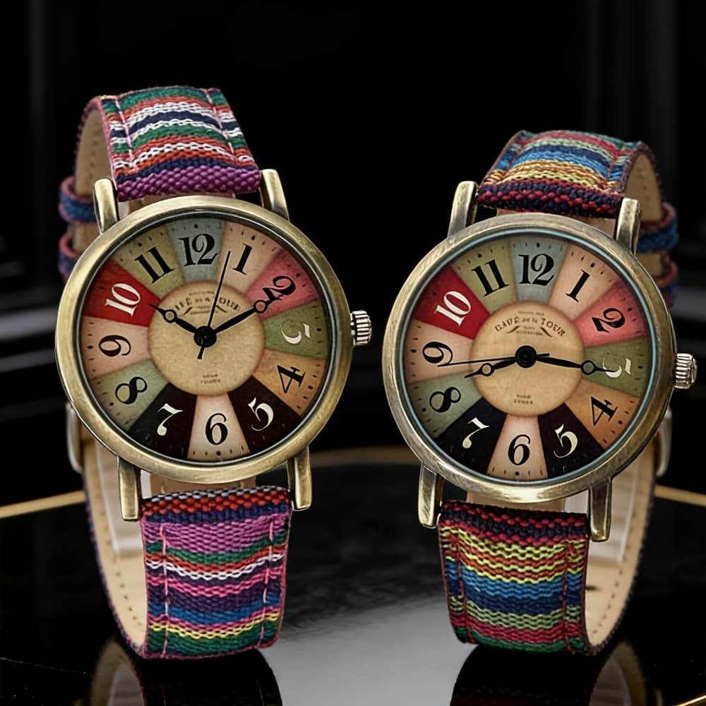 TEMU A Set Of 2 Watches Featuring A Trendy Bohemian Style For Women, With Colorful Additions, And Designed With A Creative Faux Leather Strap And Quartz Movement