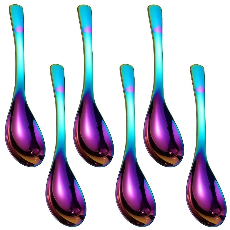 TEMU A Set Of 6 Colorful Stainless Steel Soup Spoons, Featuring A Of Chinese-style Round-bottom And Spoons, Suitable For , Ramen, Dinner, Home Use, And Ice Cream, Dishwasher Safe