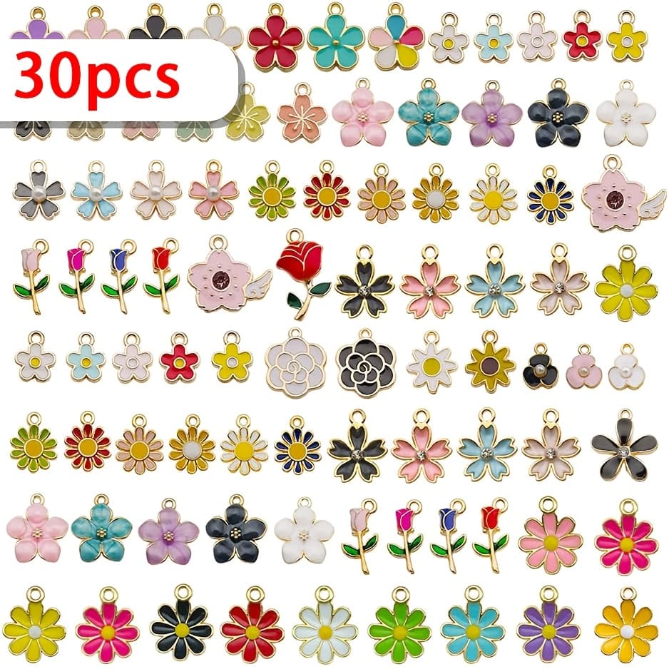 TEMU 30pcs Random Style Assorted Cute Flower Alloy Enamel Pendants, Suitable For Diy Valentine's Day Jewelry Making, Bracelets, Necklaces, Earrings, Keychains, And Accessories