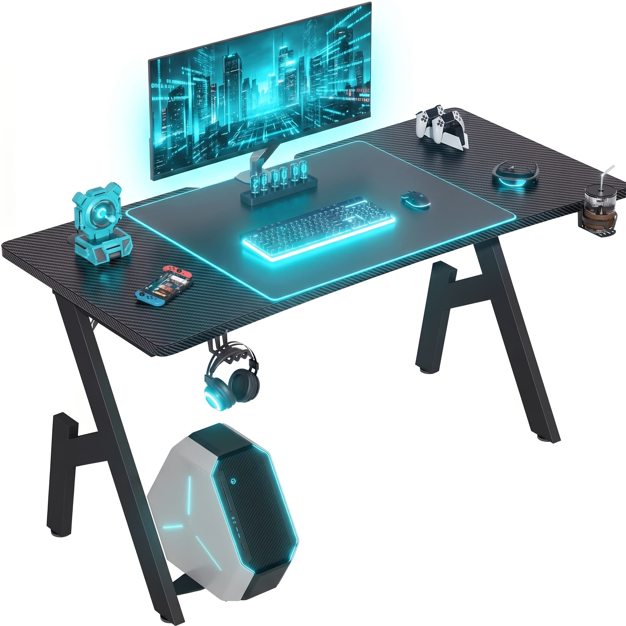 TEMU Gaming Desk With Carbon Fibre Surface, Large Computer Desk Gaming Table, Ergonomic Pc Gaming Workstation Home Office Desks With Cup Holder & Headphone Hook