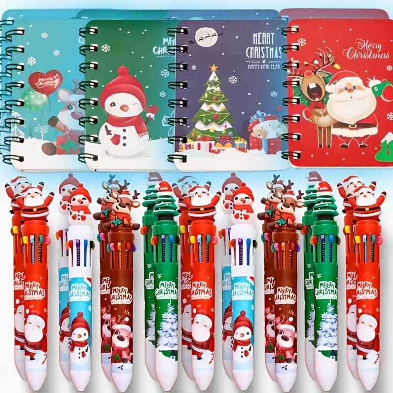 TEMU 8pcs Random Christmas Set: 4pcs 10-in-1 Ballpoint Pens Mini Christmas Notebooks. Suitable For Daily Writing, Work Note-taking, Back-to-school Use, Christmas Gifts, Halloween And Holiday Supplies.