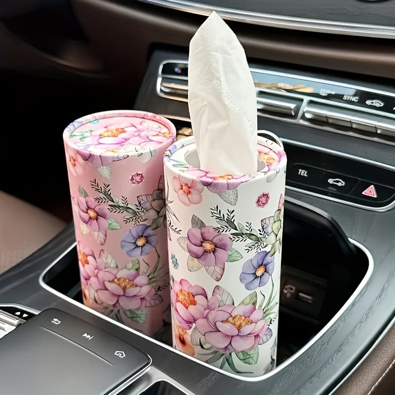TEMU 2 Rolls Floral Car Tissue - Cylindrical Paper Towel Tube With Pink , Hand Wiping Paper For Car Seat, Includes Face Towels, Car Tissue Holder | Floral Pattern Tube | Dye Free Paper