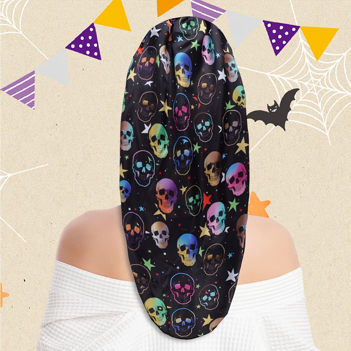 TEMU Halloween Skull Print Satin Sleep - Long And Short Bonnet Styles For Women And Men, Elastic Band Hairs Bonnet, Halloween Party Favor