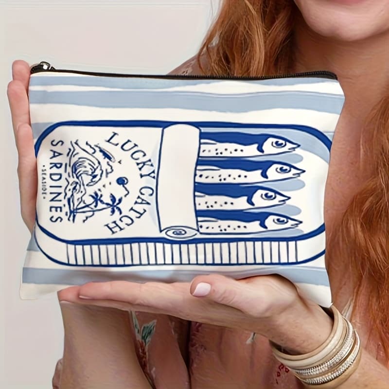 TEMU Blue And Aesthetic Design Makeup Bag - Foldable Lightweight Travel Cosmetic Organizer, Zippered Beige Toiletry Pouch, Gift For Women, Teachers , Small Makeup Bag