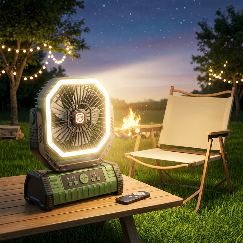 TEMU 1pc Green Usb-rechargeable Fan With Integrated Led Light 4-speed Settings, Remote Control & Hanging Hook Perfect For Desktop, Bedside And Compact Space Use