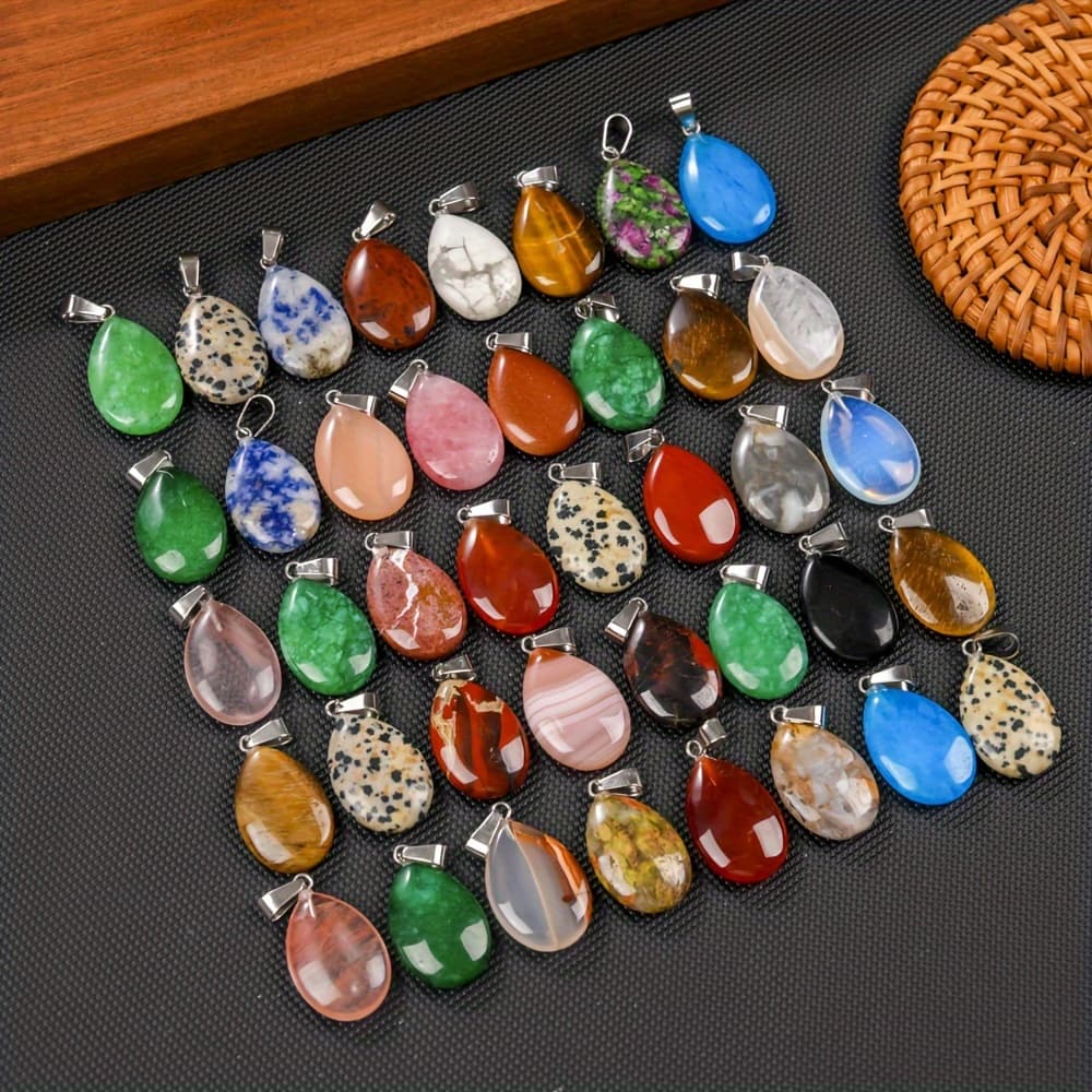 TEMU Set Of 24 Exquisite Natural Semi-precious Stone Flat Water Drop Pendants - Beautiful Jewelry Perfect For Necklaces And Additions - A Great Gift Option With Assorted Colors