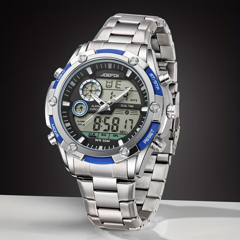 TEMU Joefox Men's Large Display Digital Watch - Stainless , Led Backlight, 3atm Waterproof, Chronograph, Alarm, Modern Sport Wristwatch For Men