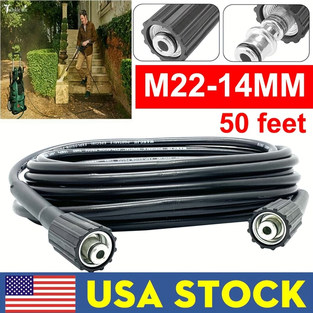 TEMU 1pc 50ft/15m High Pressure Washer Hose, M22-m14 Quick Connect, 6200psi Power Washer Water Hose, Durable Polyester Material, For Car Washing And Power Washing