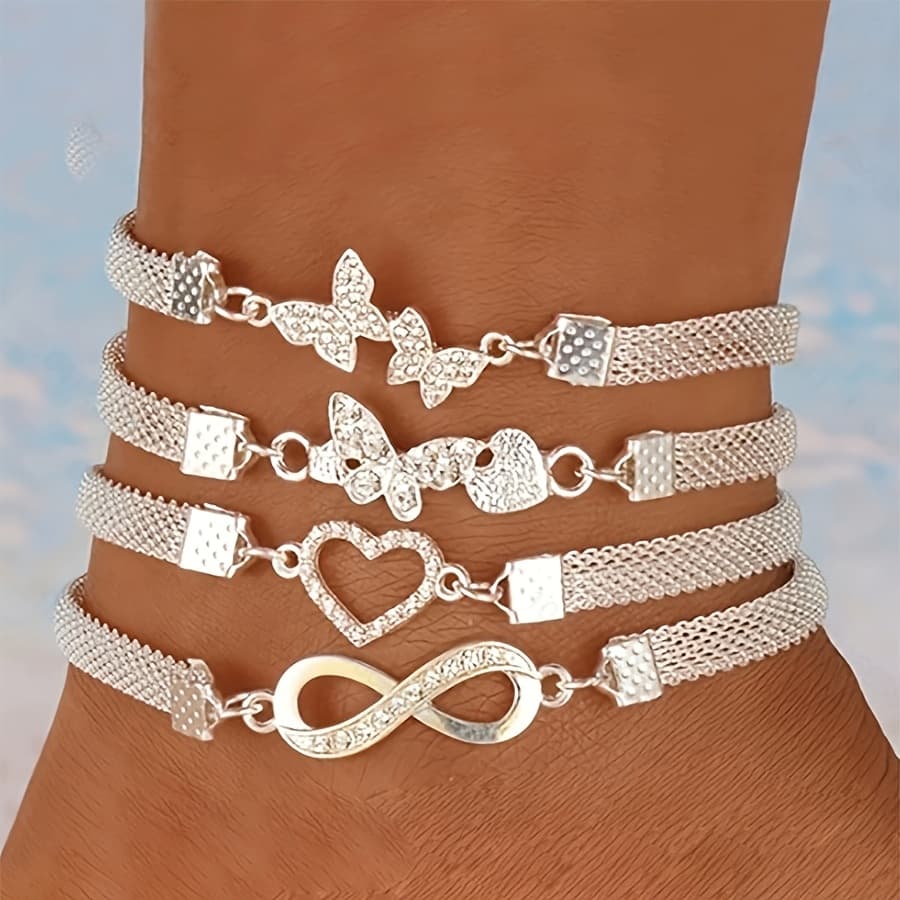 TEMU Set Of 4 Stylish And Sparkling Stackable Ankle Bracelets With Synthetic Zirconia Featuring Butterflies And Hearts, Jewelry Gifts