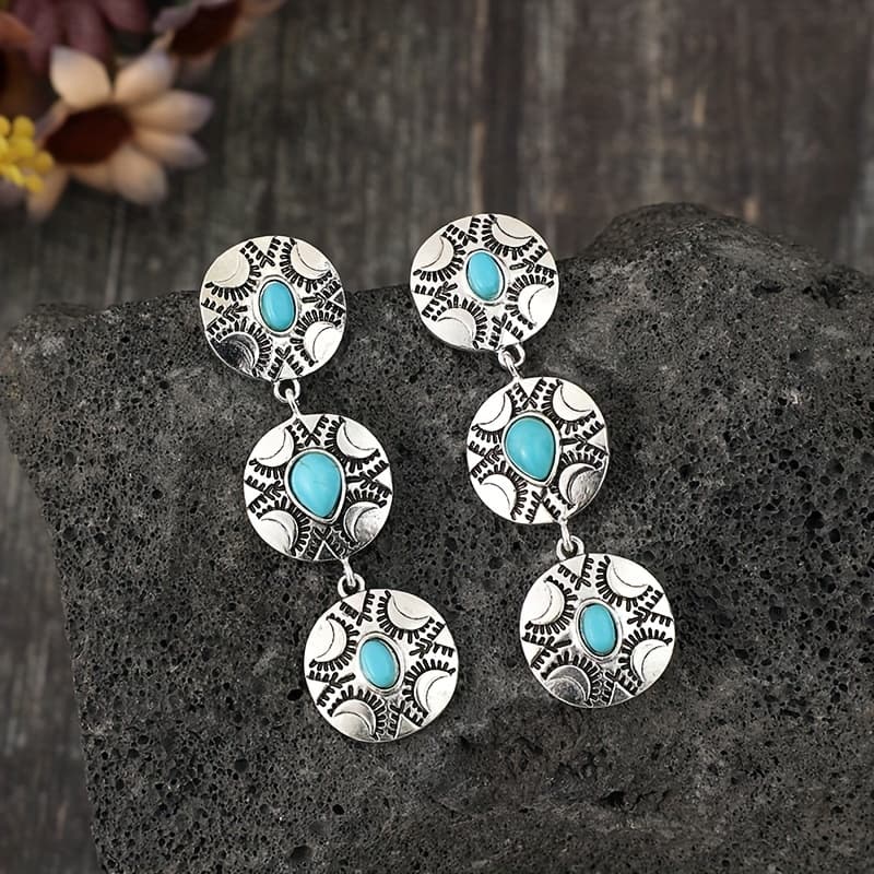 TEMU Bohemian Vintage Silvery Round Earrings With Inlaid Turquoise, -border Fashion
